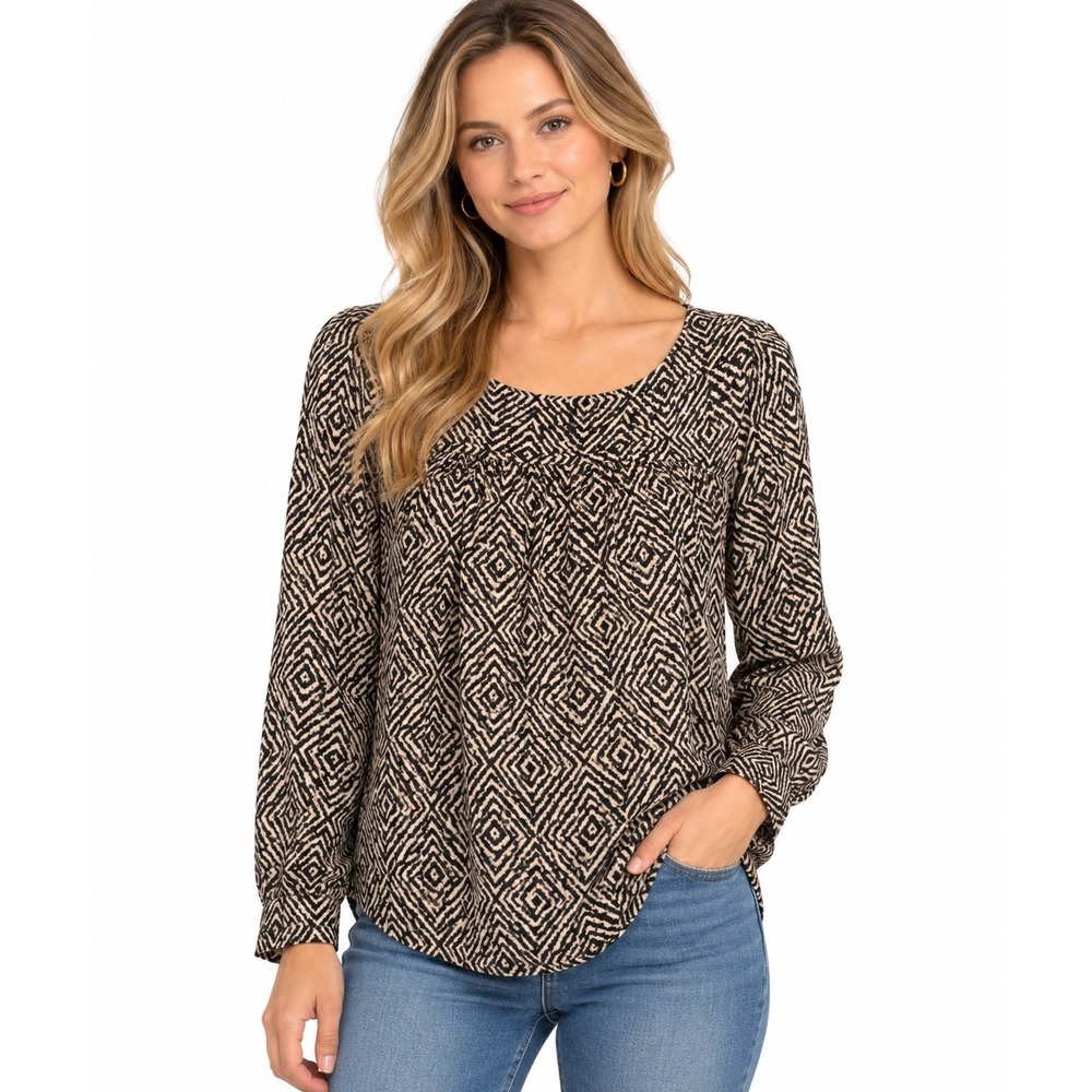 LOFT Blouse Womens L Black Tan Geometric Diamond Print Long Sleeve